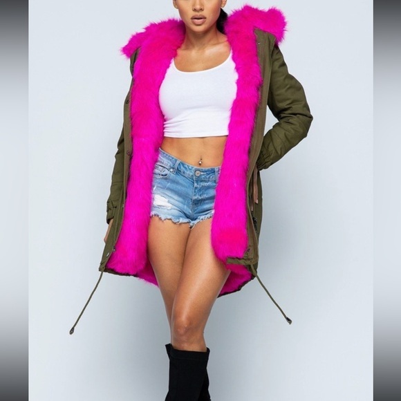 Olive Green Parka with Hot Pink Faux Fur Lining - Picture 1 of 4